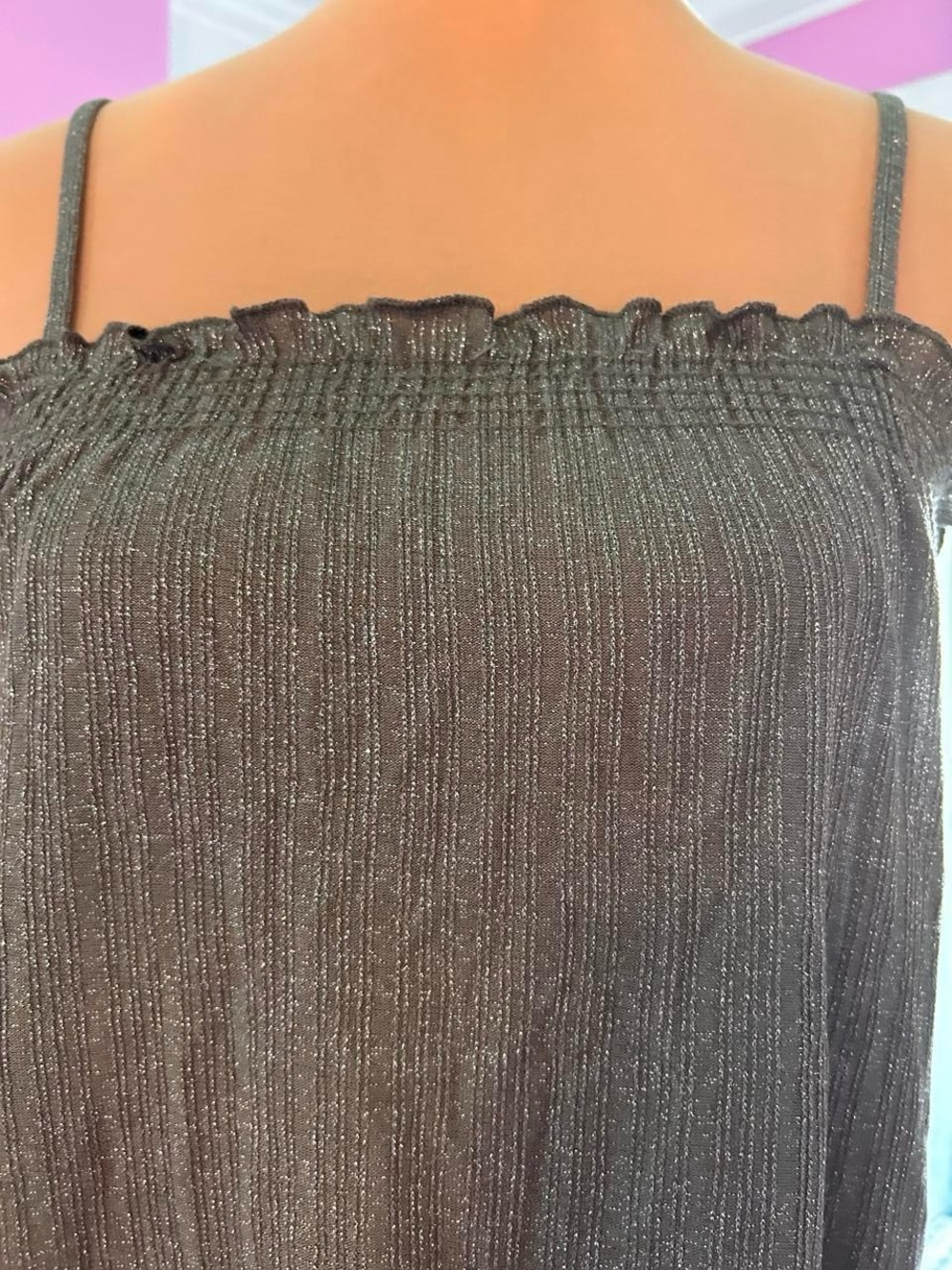 Metallic-Thread Smocked Strap top - Gray - Picture 2 of 10